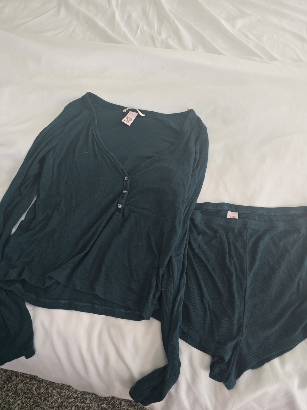 Victoria's Secret Deep Teal Long-Sleeve Henley Top & Shorts Sleep Set